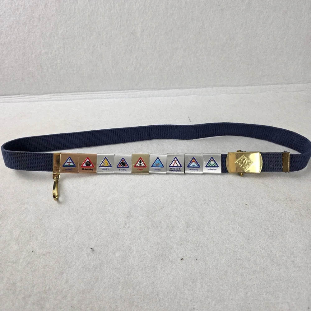 Vintage Cub Scouts Web Belt Brass Buckle w/ 9 Sports Academics Belt Loops USA